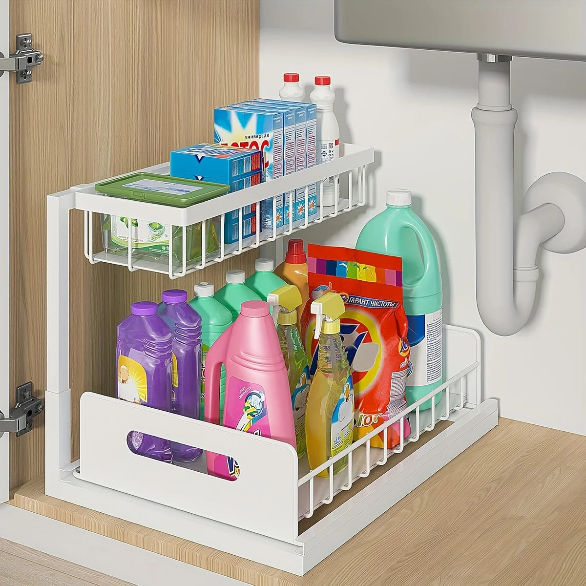 Under Sink Organisers, Metal Pull Out Under Sink Organisers,Storage Shelves with Sliding Drawer,Under Sink Storage for Kitchen