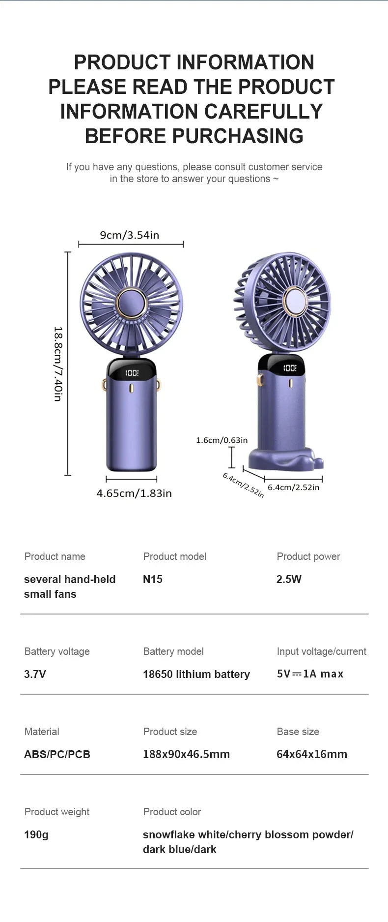 5 Speed Handheld USB Rechargeable Foldable Mini Fan 1800mAh