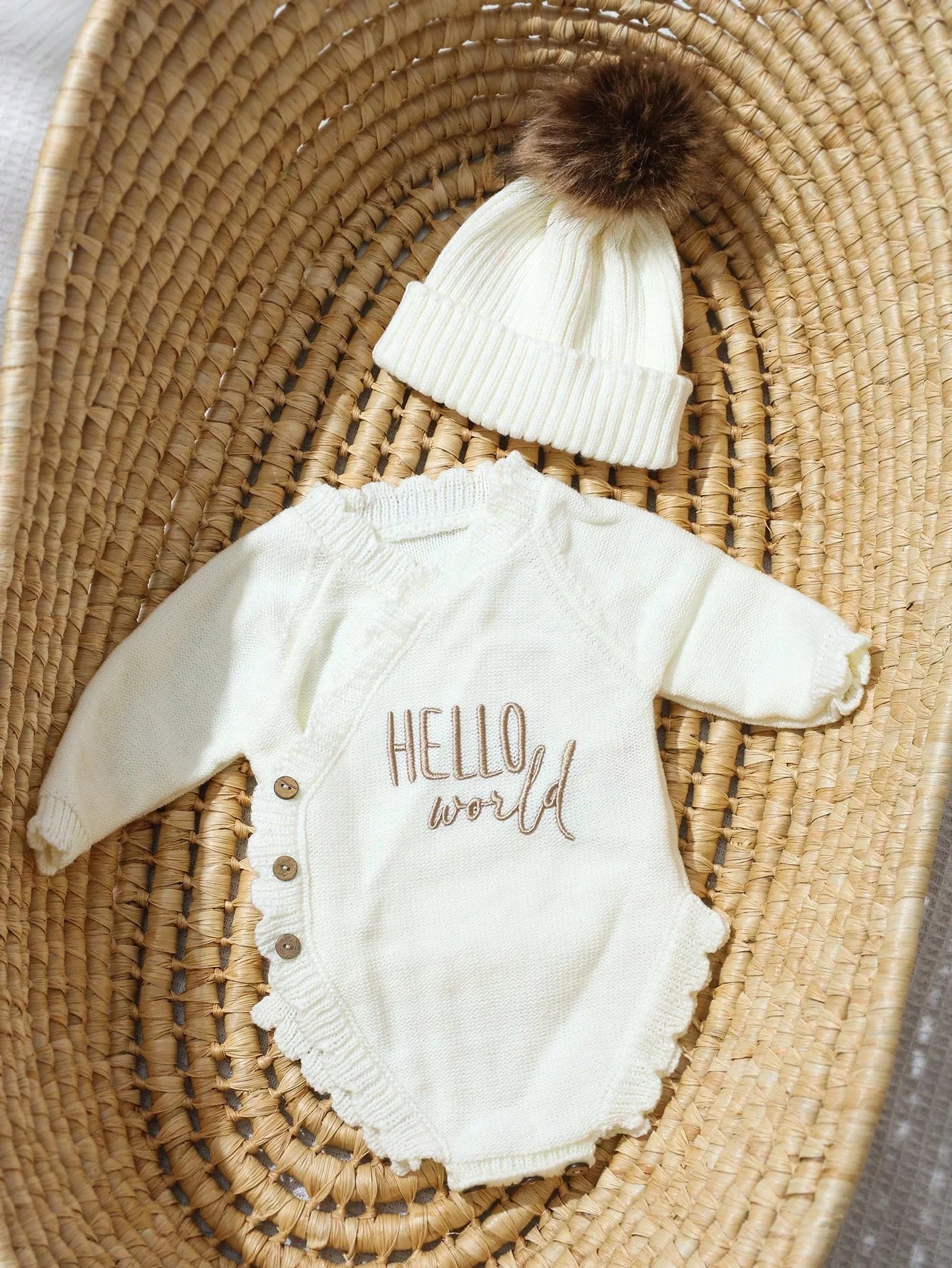 Ylsteed Hello World Knitting Newborn Photography Romper With Matching Pomp Hat Baby Boy Girl Sweater Outfits Photo Shooting-HD