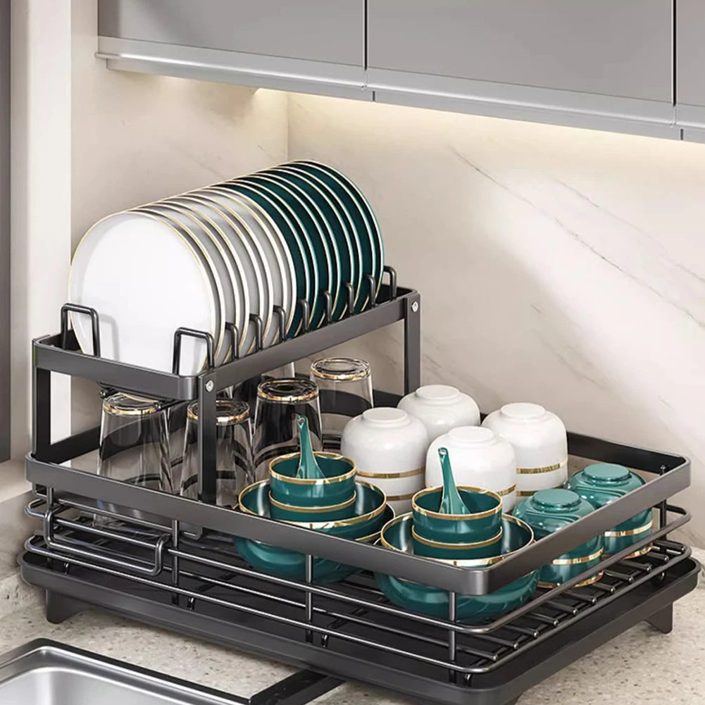 Popular Dish Drying Rack Kitchen Adjustable Steel 2 Tier Plates Organiser Dish Bowl Drainer Storage Rack Kitchen Utensils