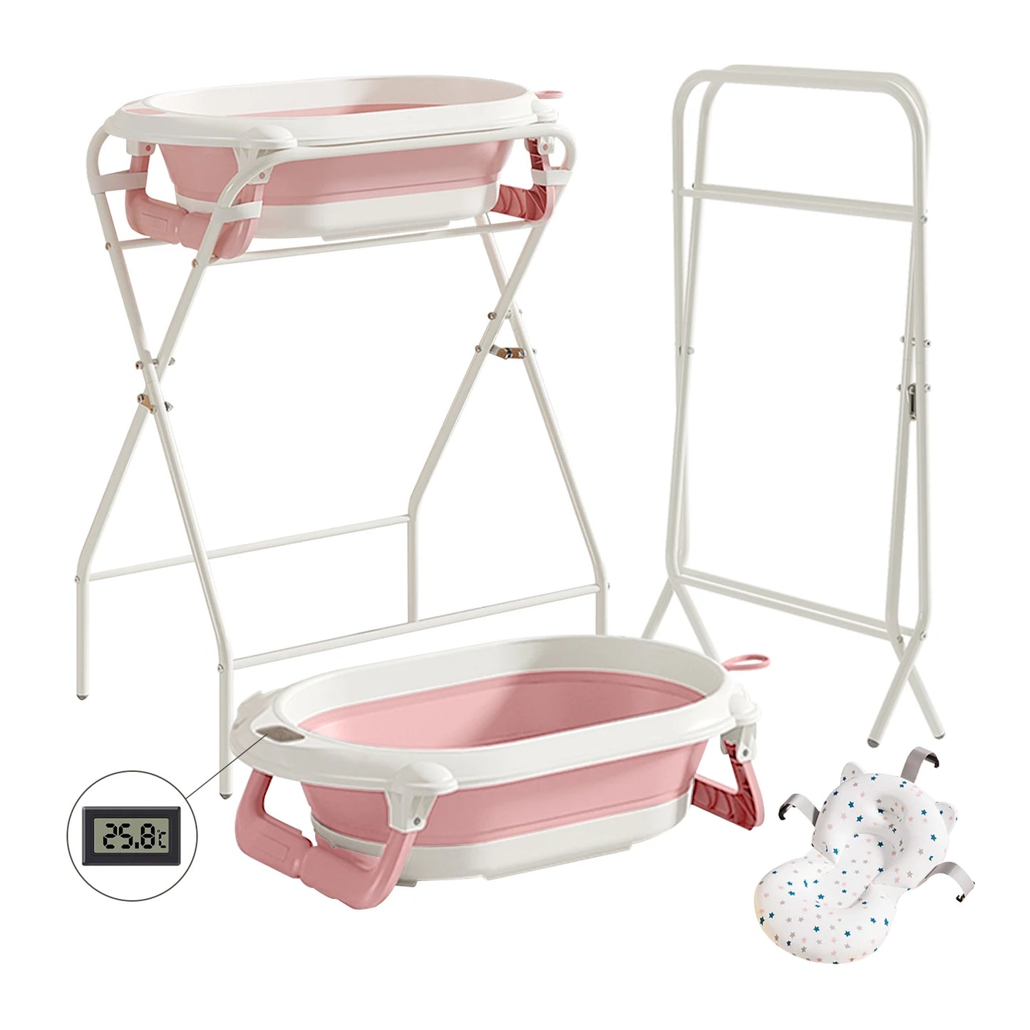 3 in 1 Baby Bath with Stand, Foldable Baby Bath Tub for Newborn to Toddler with Thermometer & Bath Pillow,Multifunctional,Grey