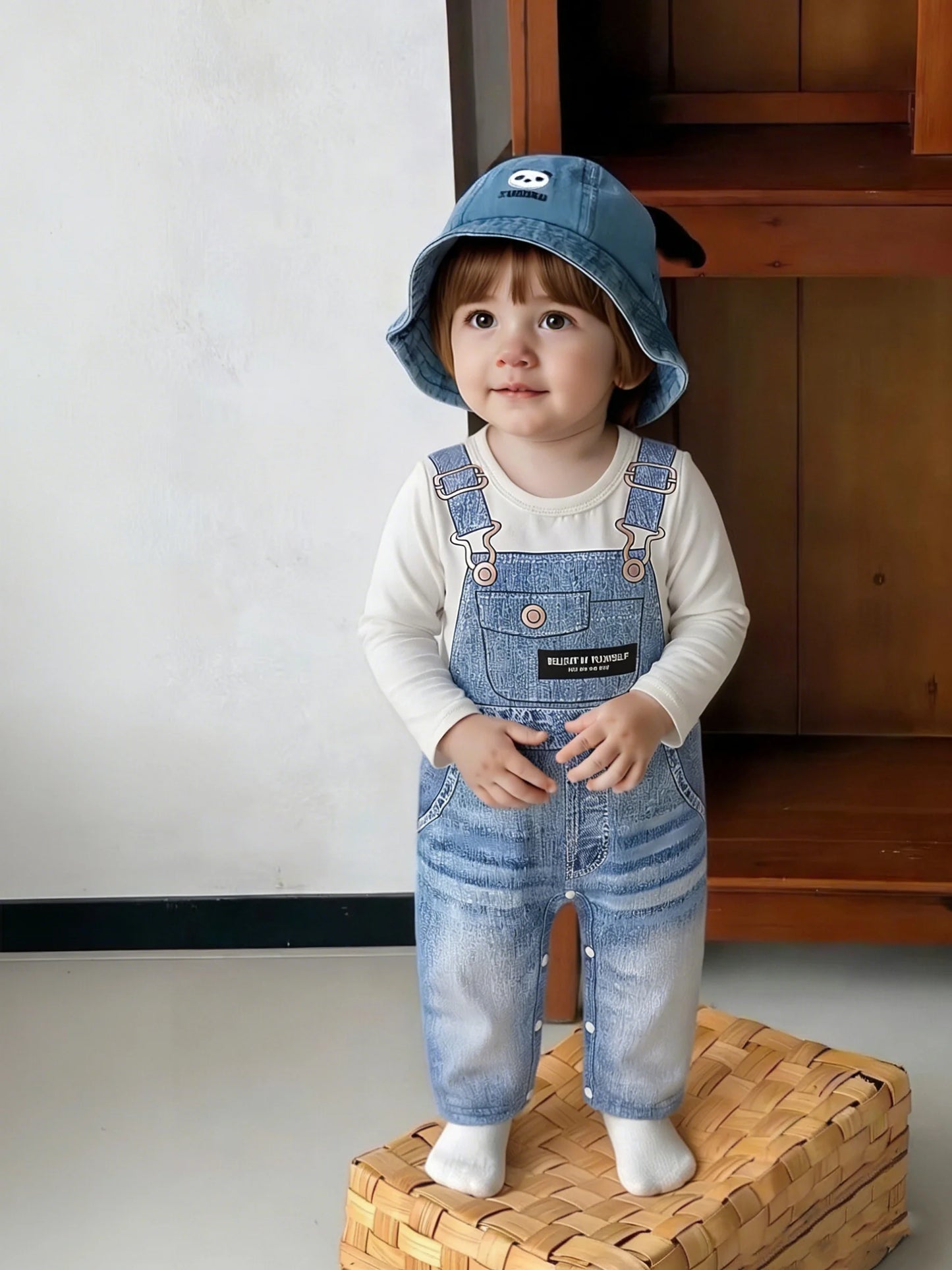 Spring Autumn Baby Boys 1-6M Faux Denim Overalls Print Long Sleeve Onesie Newborn Casual Daily Romper