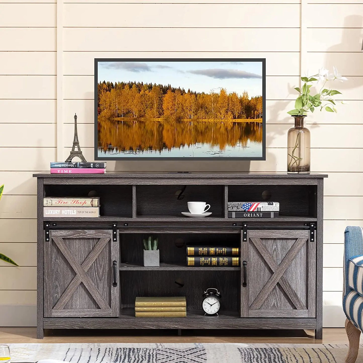 TV Stand Farmhouse Coffee Bar Cabinet Rustic Sliding Barn Door Storage Cabinet with Power Outlet & LED Light, 57" Wooden TV Cabi