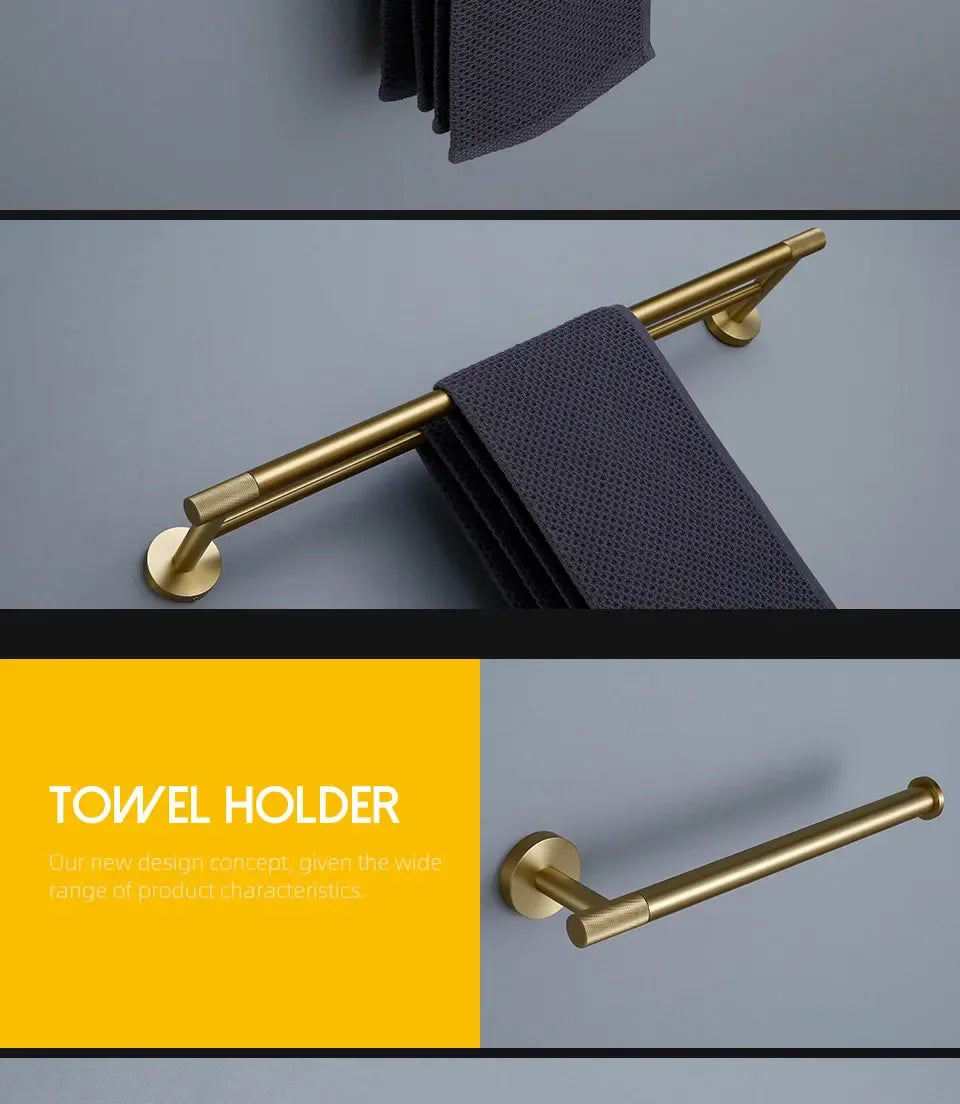 Bathroom Hardware Accessories  Brushed Gold Knurled Brass Kit Towel Bar Ring Robe Hook Paper Holder Towel Ring Toilet Brush
