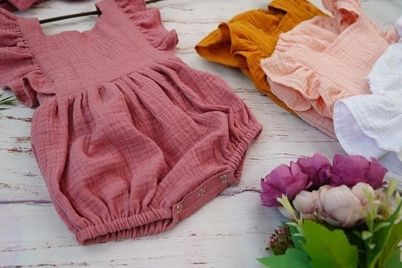 Organic Cotton Baby Girl Clothes Summer New Double Gauze Kids Ruffle Romper Jumpsuit Headband Dusty Pink Playsuit For Newborn 3M