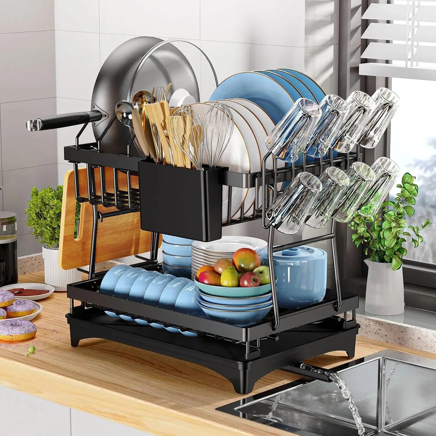 Black 2 Tier Dish Drying Rack Multifunctional Kitchen Bowl Dish Drain Rack Complete Set for Tableware Cutlery Cup Storage