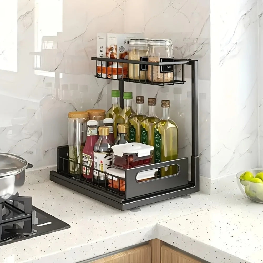 Under Sink Organisers, Metal Pull Out Under Sink Organisers,Storage Shelves with Sliding Drawer,Under Sink Storage for Kitchen
