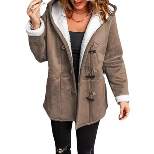 Women’s Faux Wool Hooded Coat with Fleece Lining – Warm Toggle Jacket