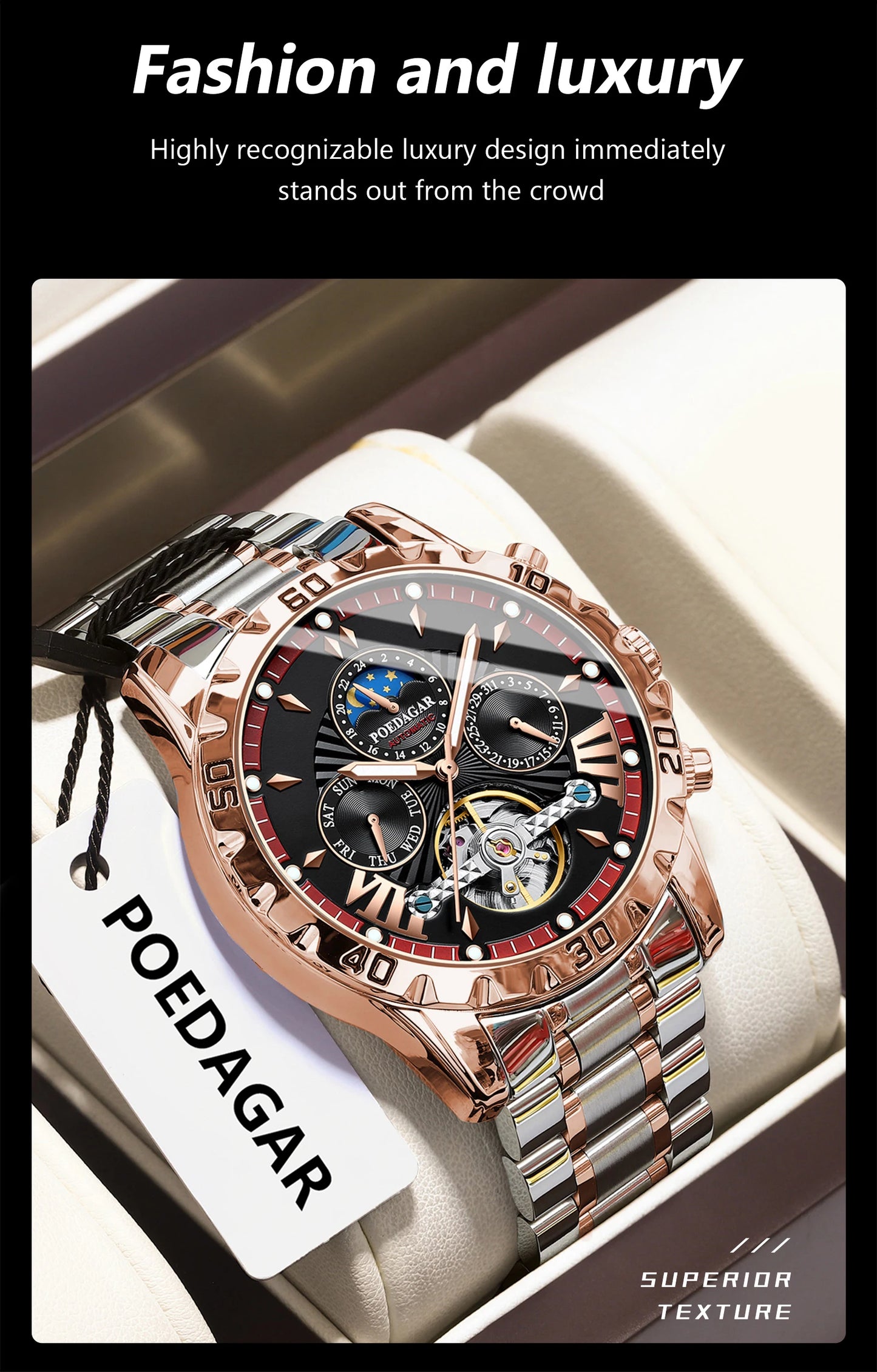 POEDAGAR Luxury Automatic Mechanical Men Watch Hollow Tourbillon Waterproof Luminous Male Clock Week Date Business Men's Watches