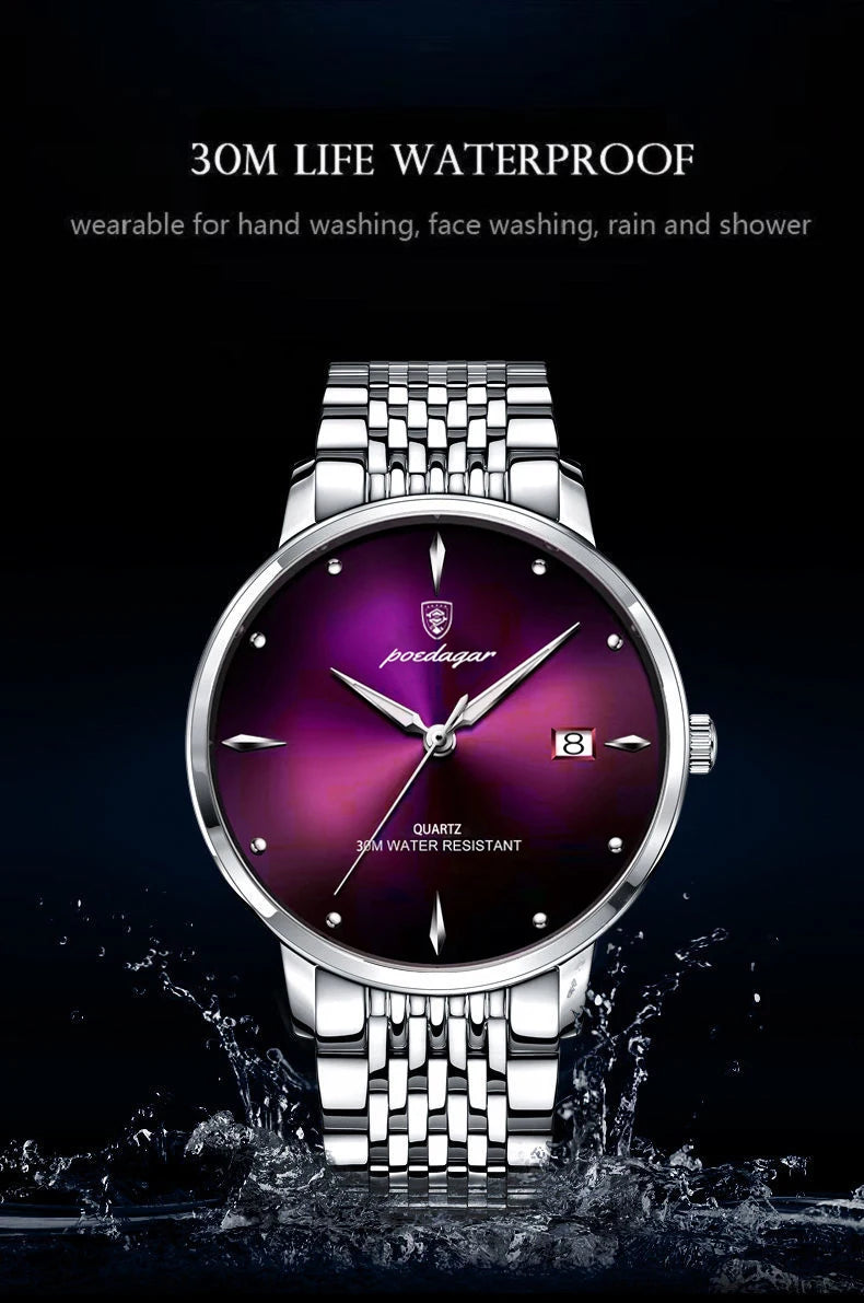 POEDAGAR Business quartz men's watch stainless steel waterproof night light date men's watch luxury casual simple men's watch