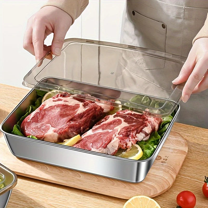 2pcs Stainless Steel Food Storage Container Rectangle Dish with Cover Noodles Fruit Tray Lunch Box Thick Refrigerator Plate