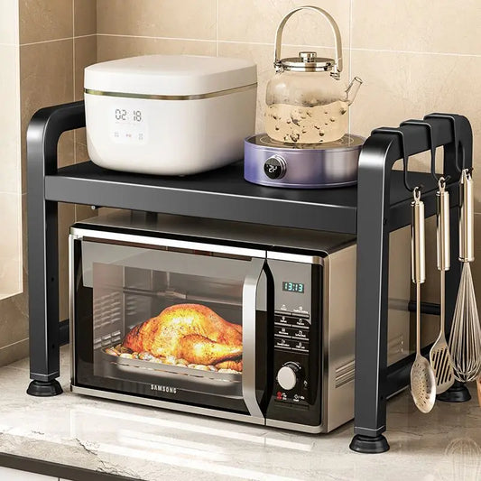Kitchen Microwave Oven Rack Double Layer Expandable Multi Functional Home Appliance Storage Shelf Carbon Steel No Installatio...