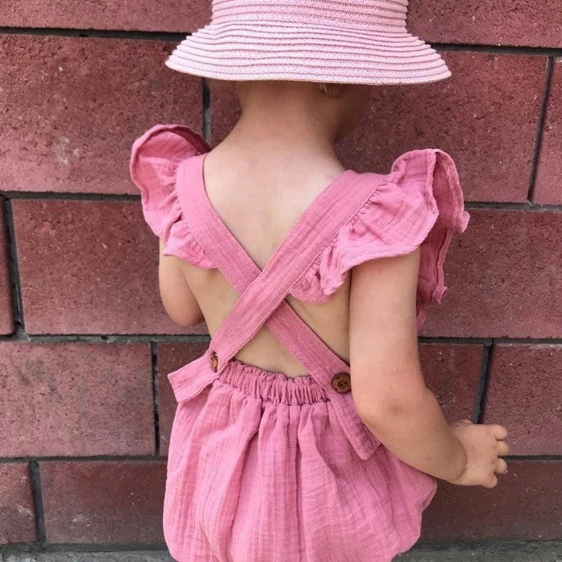 Organic Cotton Baby Girl Clothes Summer New Double Gauze Kids Ruffle Romper Jumpsuit Headband Dusty Pink Playsuit For Newborn 3M