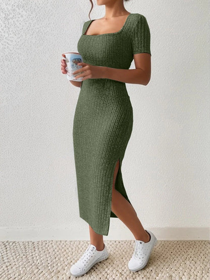 Short-Sleeved, Versatile Knitted Slit Dress
