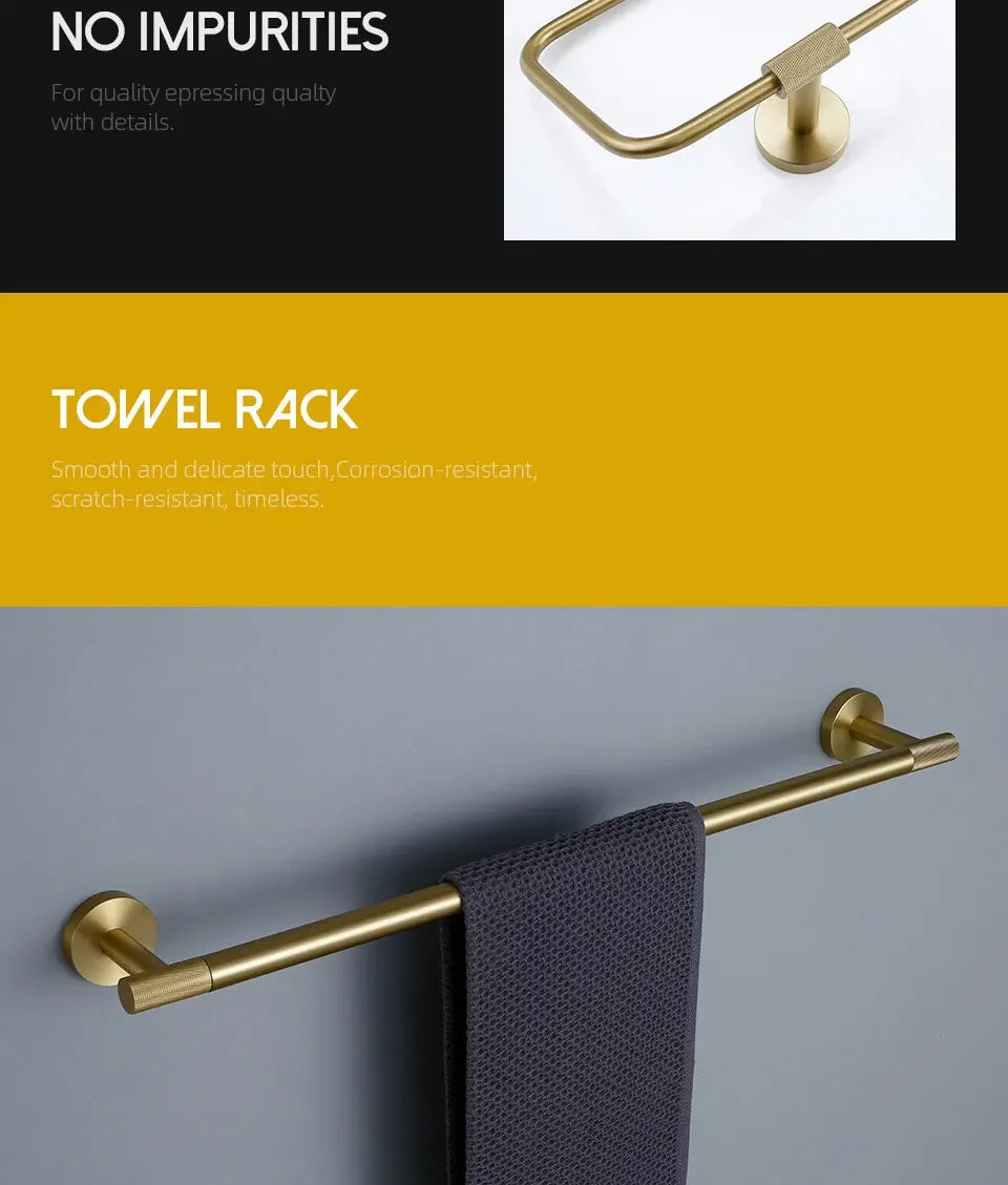 Bathroom Hardware Accessories  Brushed Gold Knurled Brass Kit Towel Bar Ring Robe Hook Paper Holder Towel Ring Toilet Brush