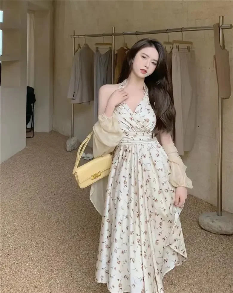 Summer New Gentle Wind Fragmented Flower V-Neck Sling Dress Set Waist Wrap Neck Hanging Long Dress Thin Sun Protection Cardigan