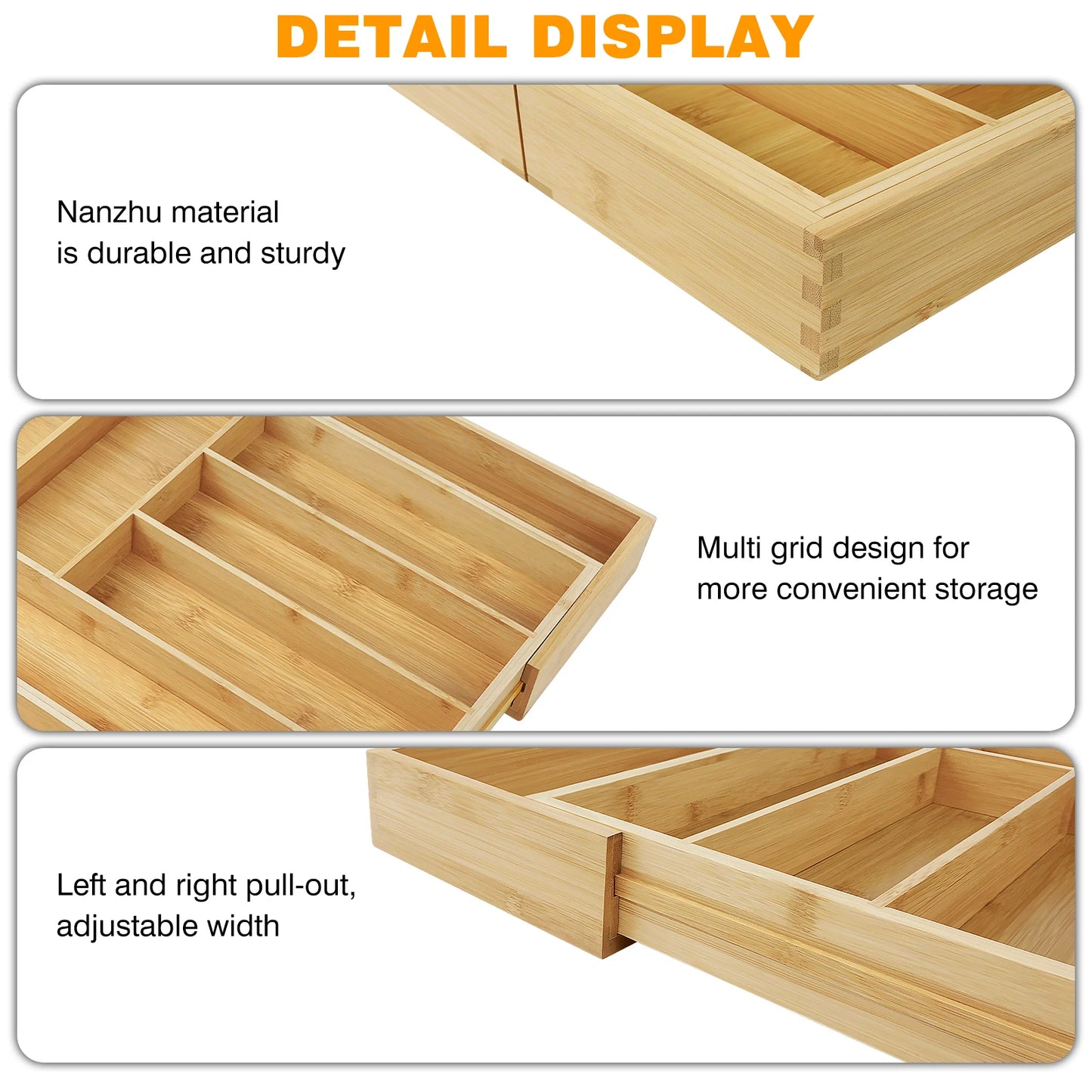 Wooden Bamboo Cutlery Tray,Kitchen Drawer Insert Large 6-8 Compartments, Utensil Holder Rack Organizer,for Home Office