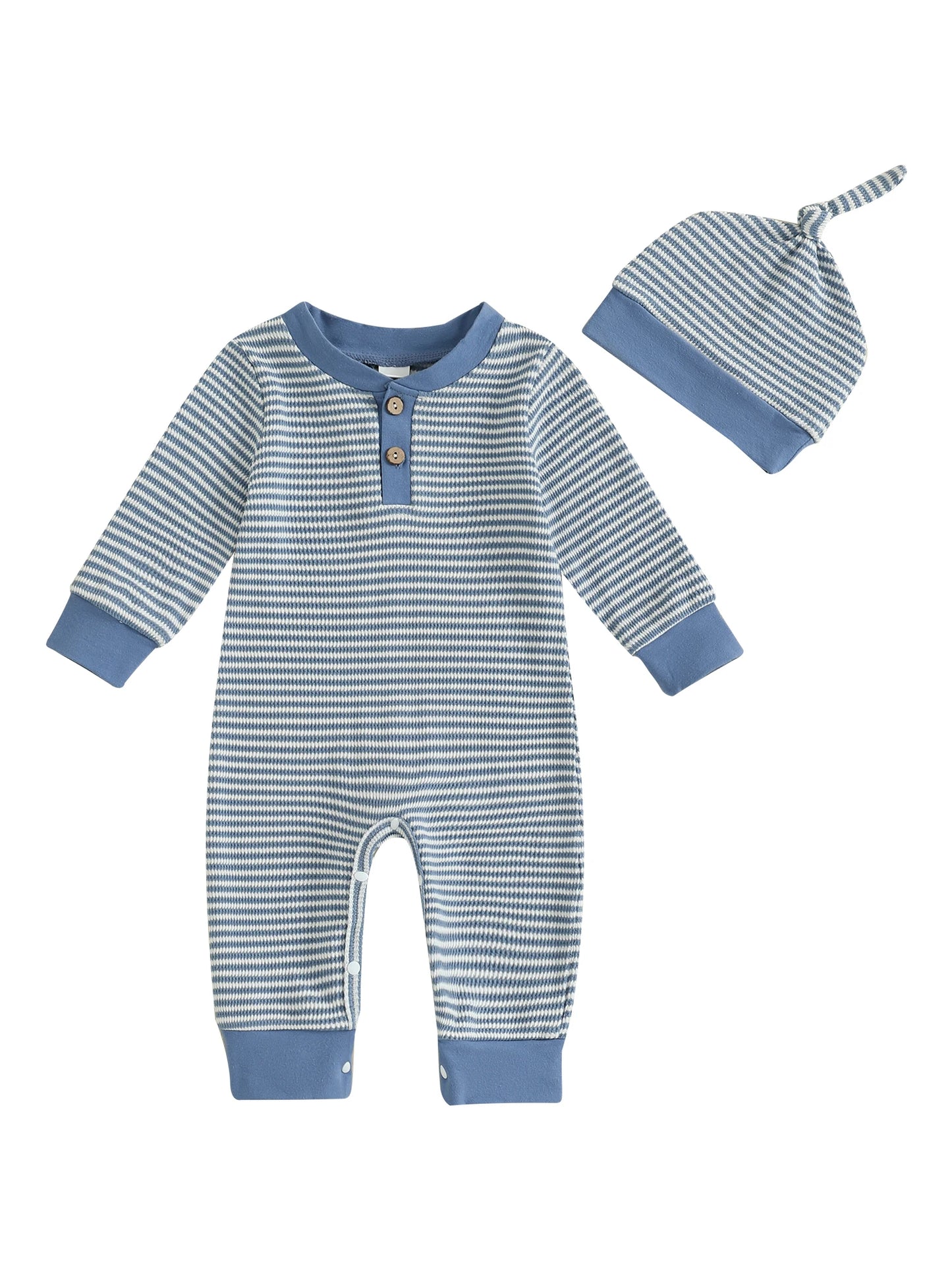 Toddler Boy Autumn Outfit Set Long Sleeve Striped Romper with Matching Hat for Baby Boys 2 Piece Jumpsuit Ensemble