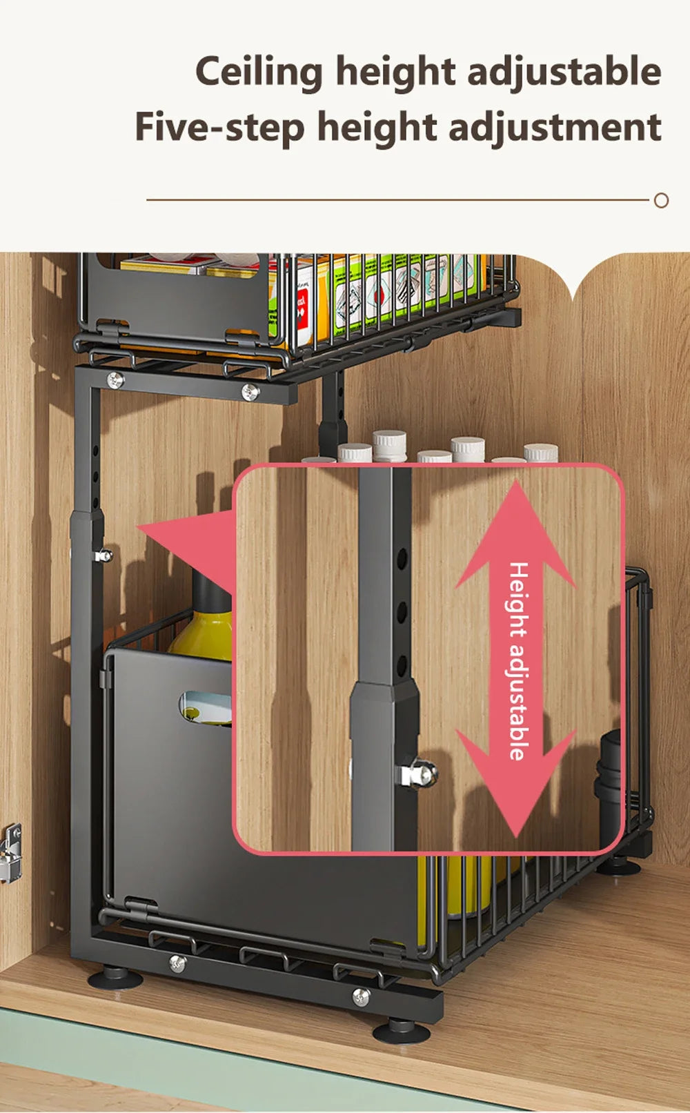 2 Tier Pull Out Cabinet Organiser Adjustable Under Sink Storage Rack Slide Out Drawer Kitchen Spice Jar Storage Shelf