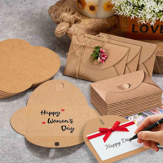 10-50pcs 10cm Mini Envelopes Kraft Paper Gift Card Holders Valentines Day Tiny Envelopes with Heart Clasp for Wedding, Greeting