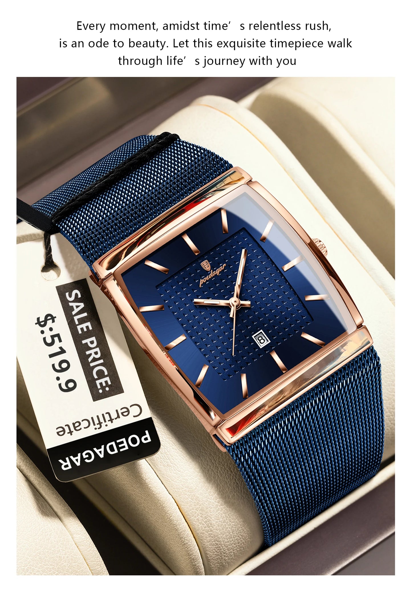 POEDAGAR Top Original Men Watch Waterproof Luminous Date Rectangle Man Wristwatch Mesh Stainless Steel Men's Quartz Watches Male