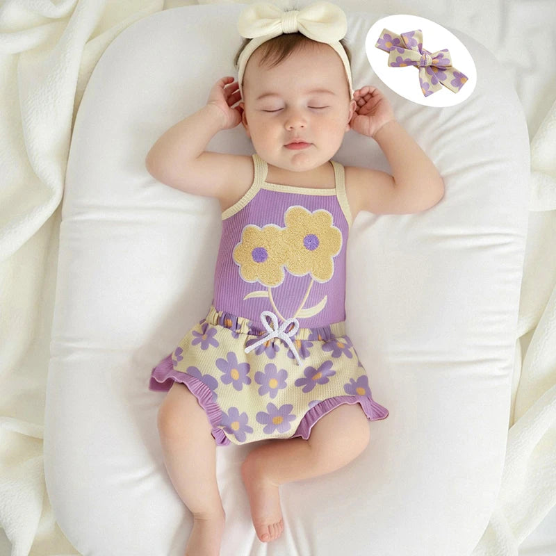 Toddler Girl Summer Outfit Floral Embroidered Sleeveless Bodysuit Elastic Waist Ruffle Shorts Headband 3 Piece Set for Baby Girl