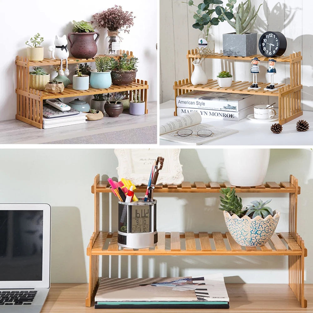 2 Tier Decorative Tabletop Wood Plant Stand Display Shelf For Home Office Tidy Storage Organiser