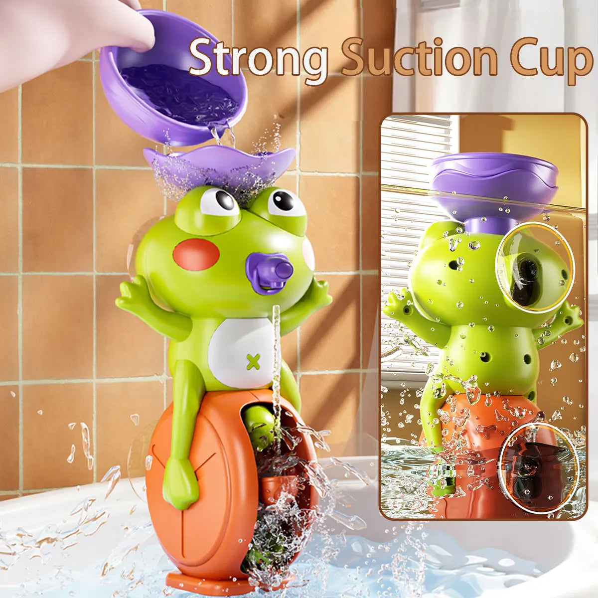 Cute Frog Waterwheel Bath Toy for Children Toddler Water Play Game in Bathroom Kid Shower Gift with Rotating Suction Cup