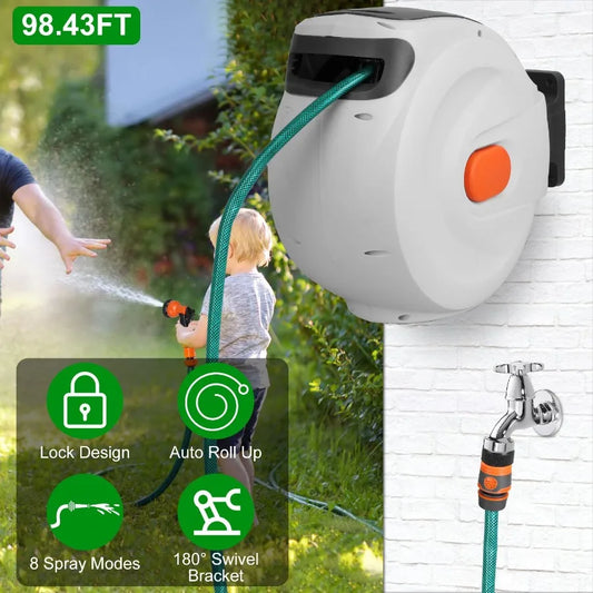 Retractable Garden Hose Reel Wall Mounted Automatic Water Hose Reel with Any Length Lock 8 Pattern Spraying Modes 180 Swivel Br
