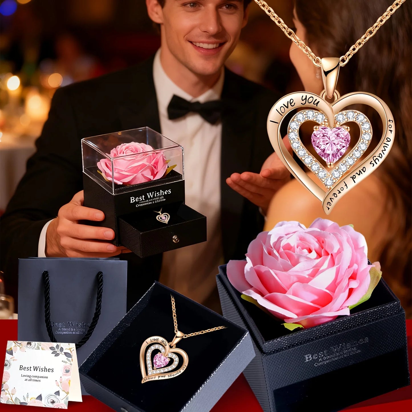 Romantic Heart Pendant Necklace with Rose Gift Box & Card- Luxurious Year-Round Wear, Valentines Day & Mother’s Day Present