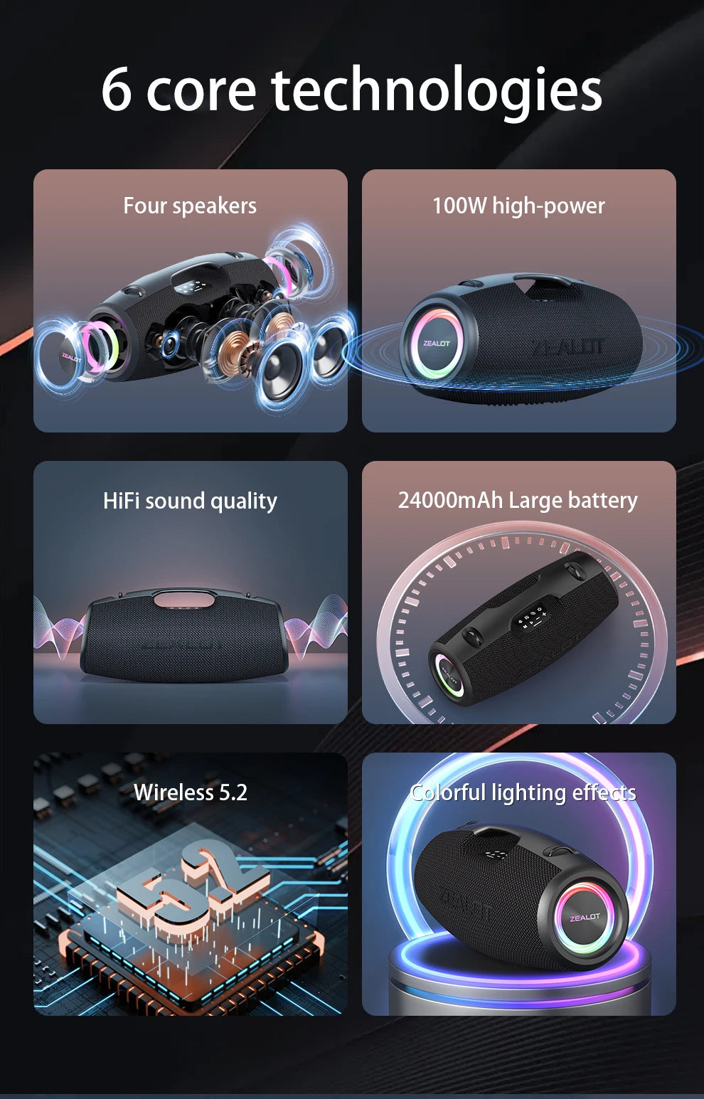 Zealot S78 100W Wireless Speakers, DSP Technology ,Dream Light, Outdoor Portable Subwoofer Speaker ,  Dual Pairing,24000mAh.