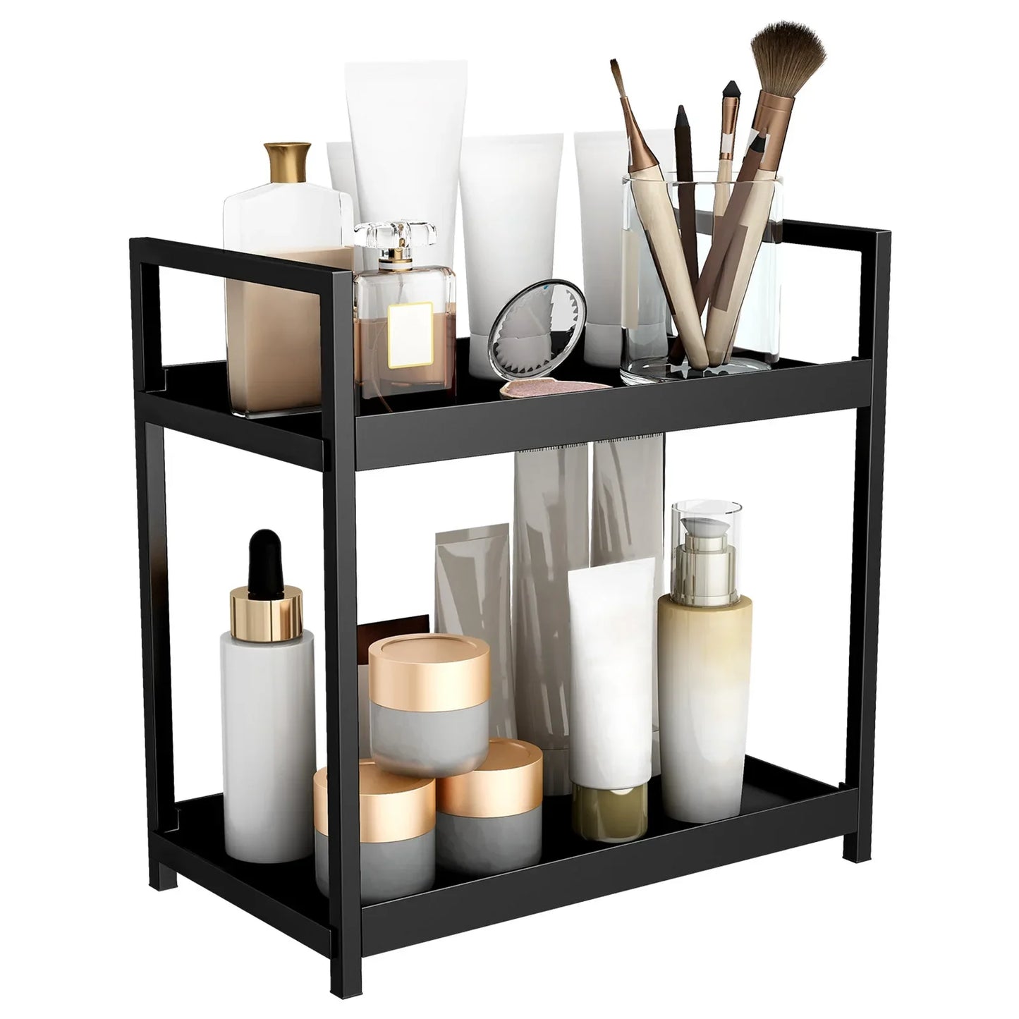 2 Tier Under Sink Organiser Sliding Cabinet Basket Organiser Storage Rack with Hooks Hanging Cup Bathroom Kitchen Organiser