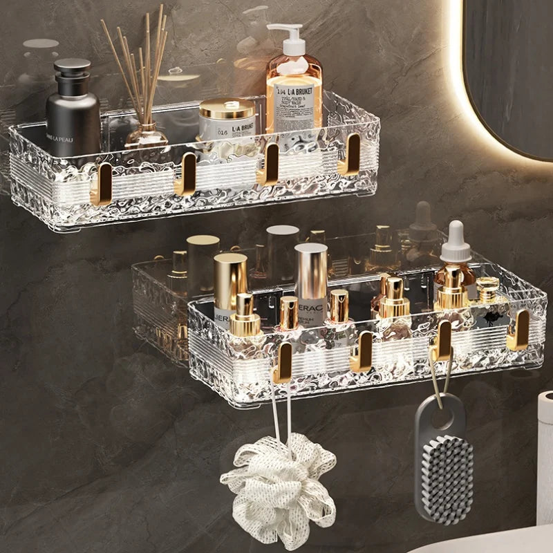 Wall Mounted Bathroom Storage Rack With 4 Hooks Corner Skincare Shampoo Shower Gel Shelf Makeup Perfume Holder
