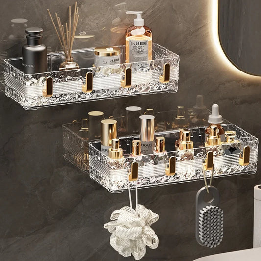 Wall Mounted Bathroom Storage Rack With 4 Hooks Corner Skincare Shampoo Shower Gel Shelf Makeup Perfume Holder
