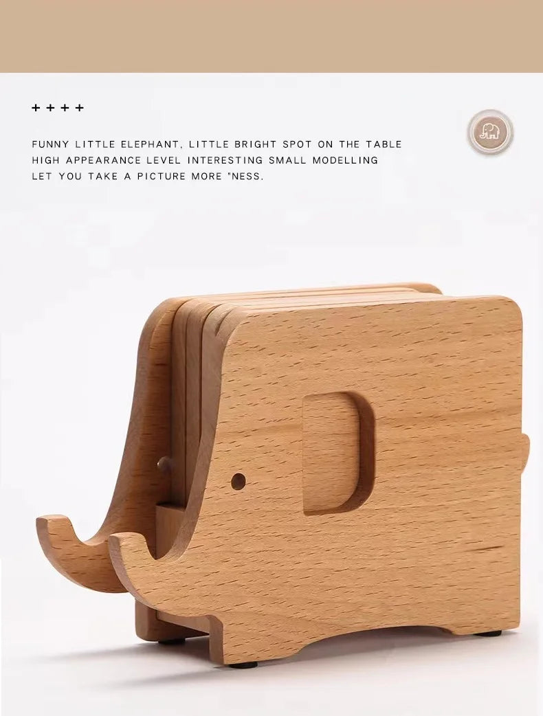 HeMu Cute Elephant Wooden Coaster Set Wood Heat-Resistant Drink Coasters with Holder, Decorative Table Pads for Kitchen, Dining