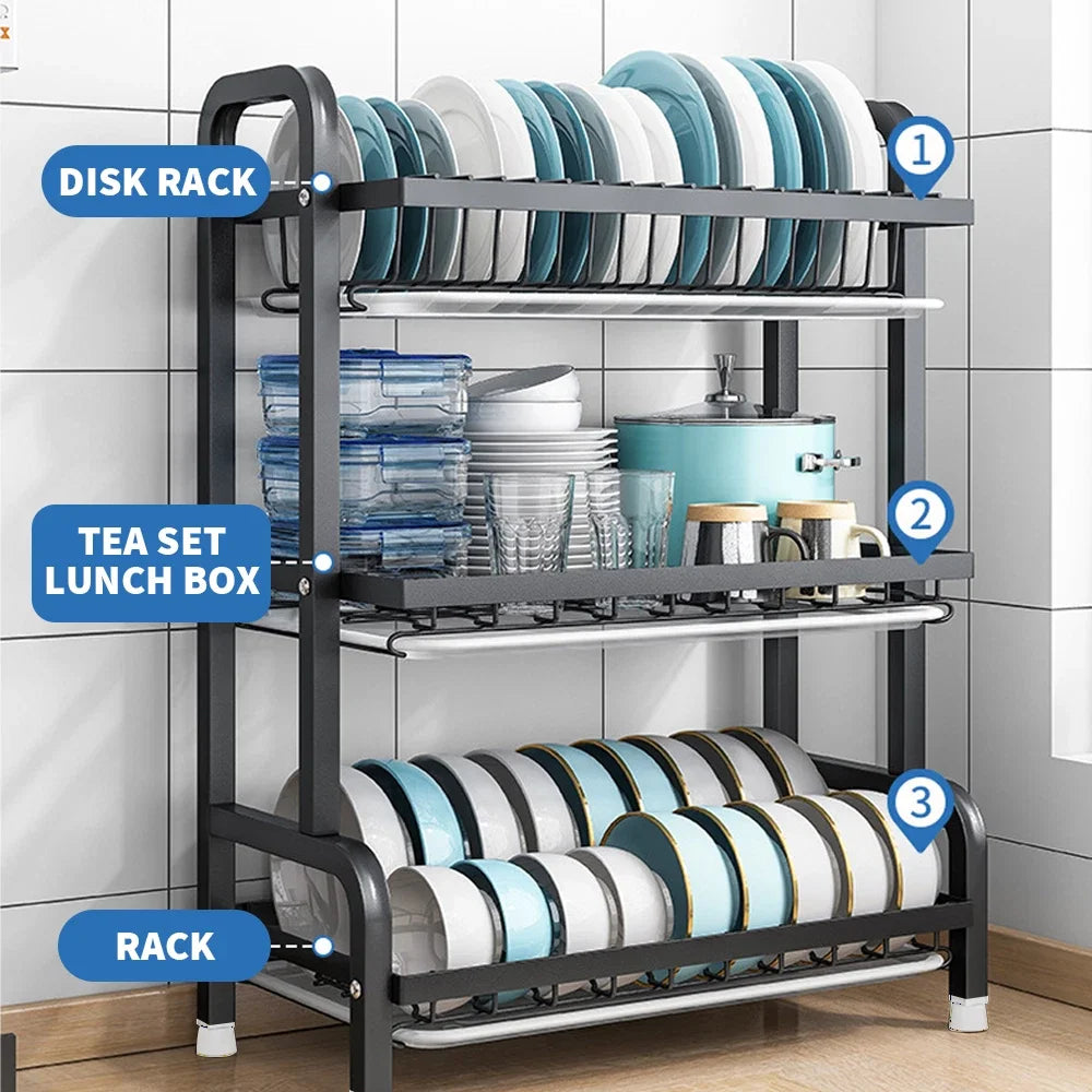 3 Tier Dish Drainer Rack with Drip Tray Cutlery Holder Plate Rack Kitchen Sink