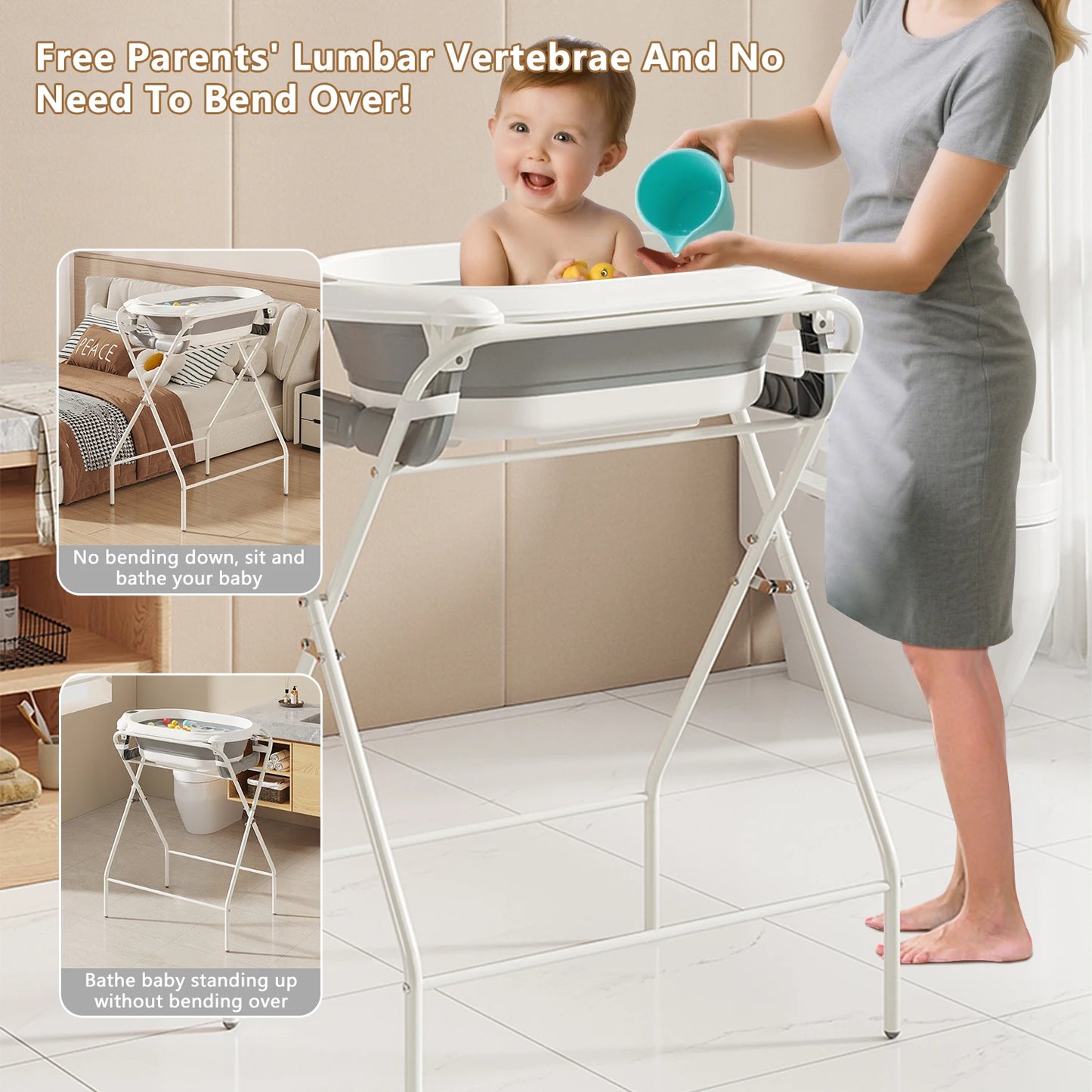 3 in 1 Baby Bath with Stand, Foldable Baby Bath Tub for Newborn to Toddler with Thermometer & Bath Pillow,Multifunctional,Grey