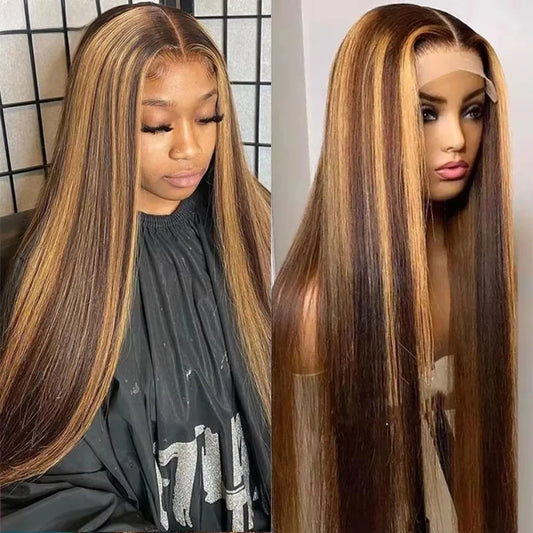 13x6 HD Highlight Lace Frontal Wig P4/27 200 Density Human Hair Honey Blonde Piano Bone Straight 13x4 Lace Front Wigs for Women