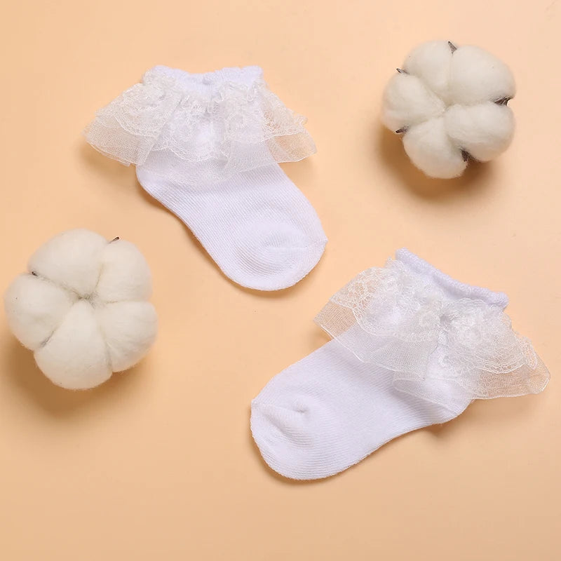 4 Pairs of Cute Lace Cotton Baby Socks 0-1 Years Old Boys and Girls Short Socks Newborn White Baptism
