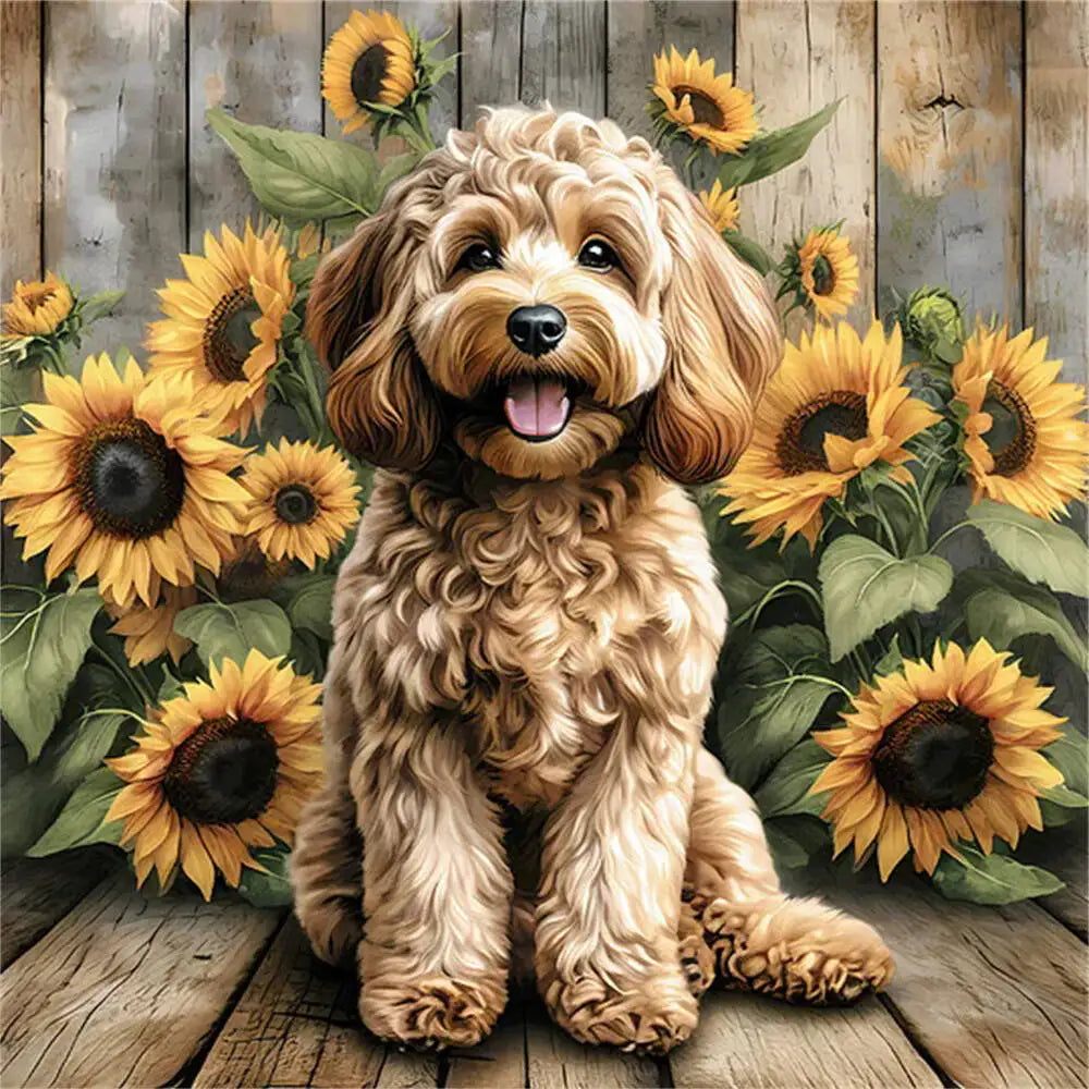 Huacan Diamond Mosaic Dog Animal Sunflower Flower Full Round Square Diamond Painting New Picture For Living Room Home Decoratio