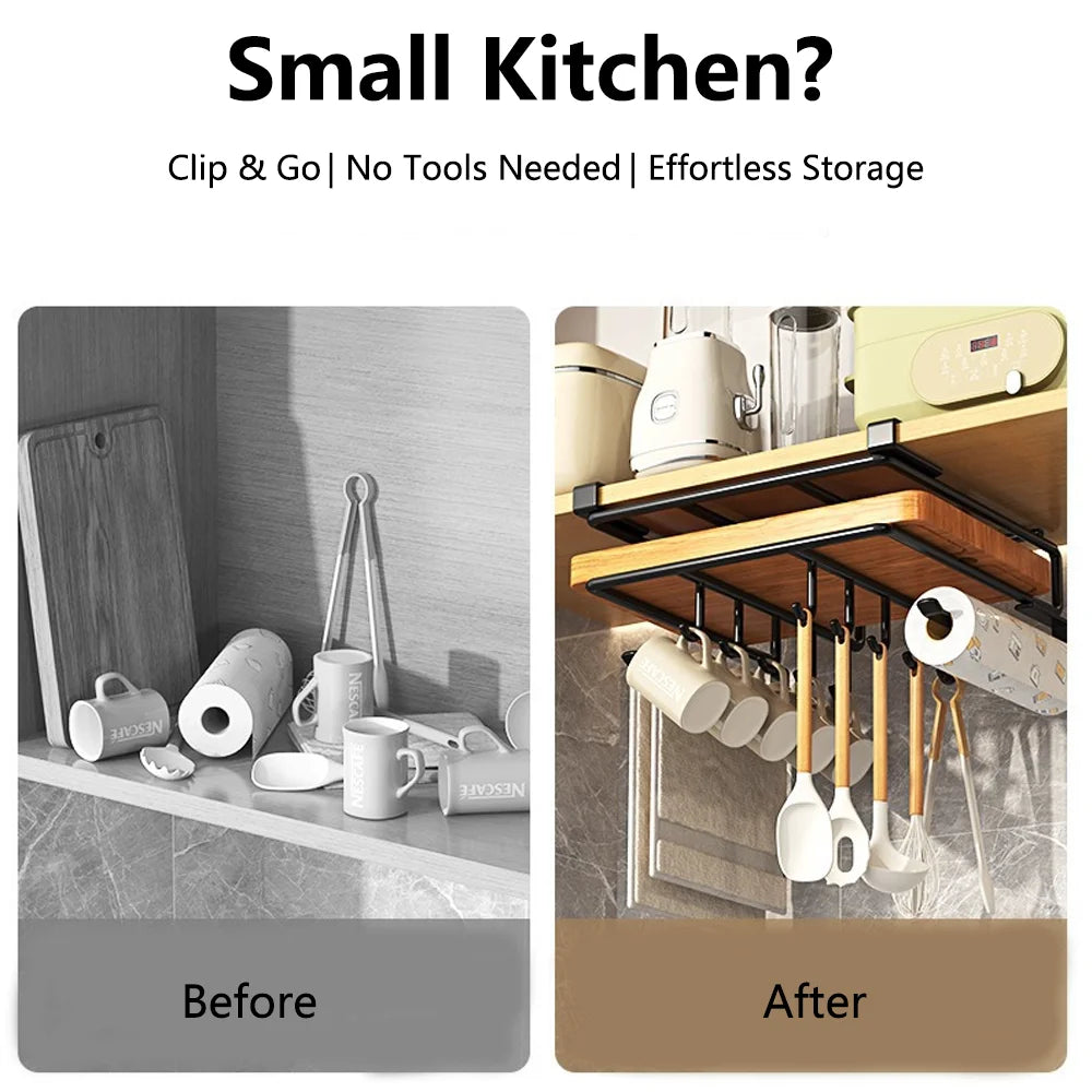 Kitchen Under Cabinet Hanging Organiser Rack with Hooks Multi-Purpose Holder for Paper Towel Cutting Board & Pot Lids