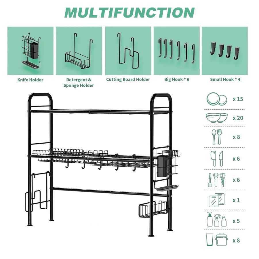 Over The Sink Dish Drying Rack, Metal Dish Drying Racks for Kitchen Counter with Hooks, Utensil Holder, 85cm, Kitchen Essentials