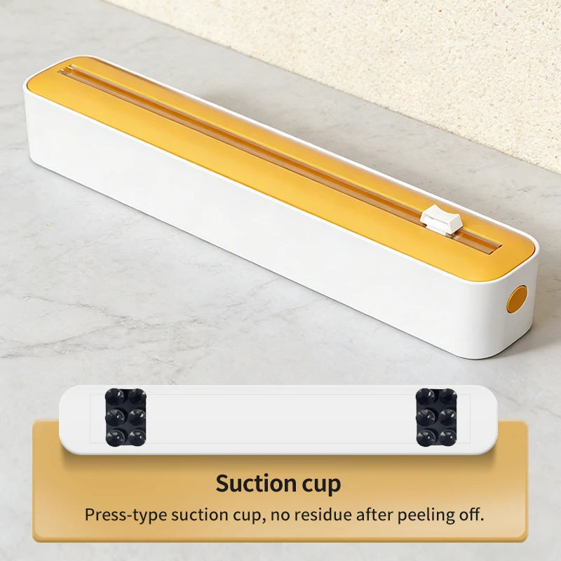 Household multi-functional cling film cutter, tear-free sliding cutter suitable for plastic cling film and aluminum foil.