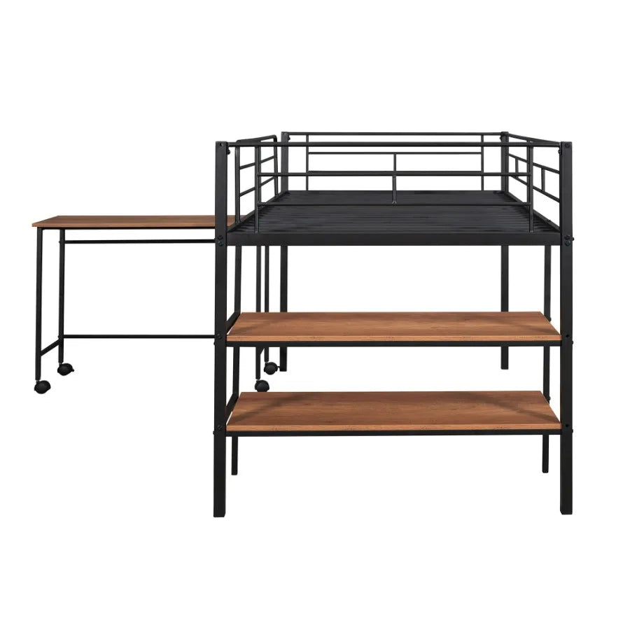 Twin Size Metal Loft Bed with Desk and Shelves