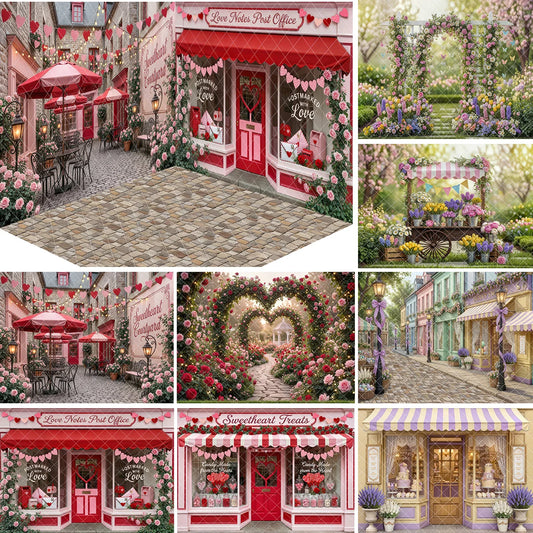 Valentine's Day Street Store Backdrops Kids Adult Photography Props Rose Garden Arch Floral Market Easter Bunny Backdrops