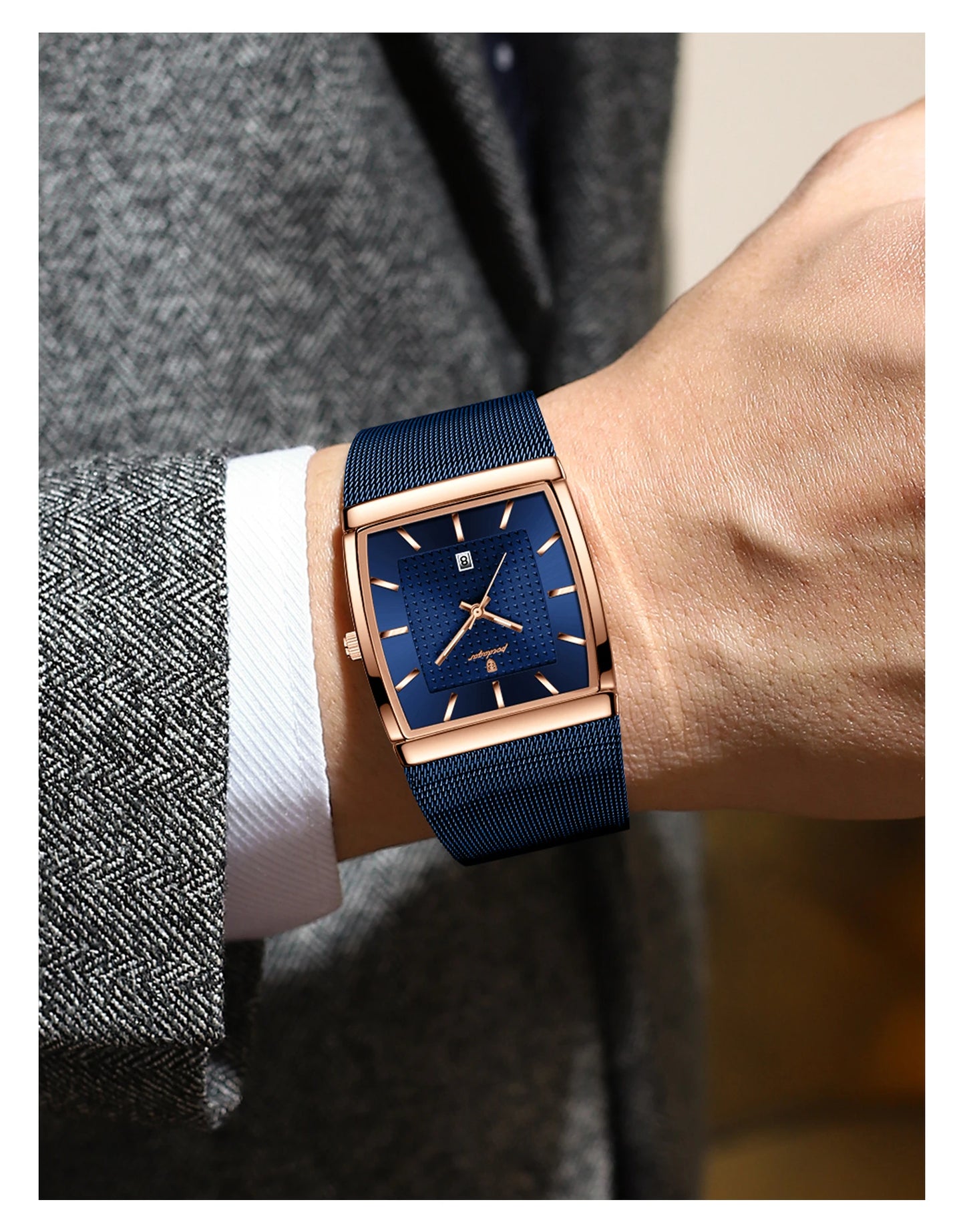 POEDAGAR Top Original Men Watch Waterproof Luminous Date Rectangle Man Wristwatch Mesh Stainless Steel Men's Quartz Watches Male