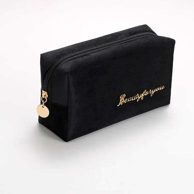 Plush Cosmetic Bag for Women – Large Zipper Makeup & Toiletry Travel Pouch, Solid Color Beauty Bag
