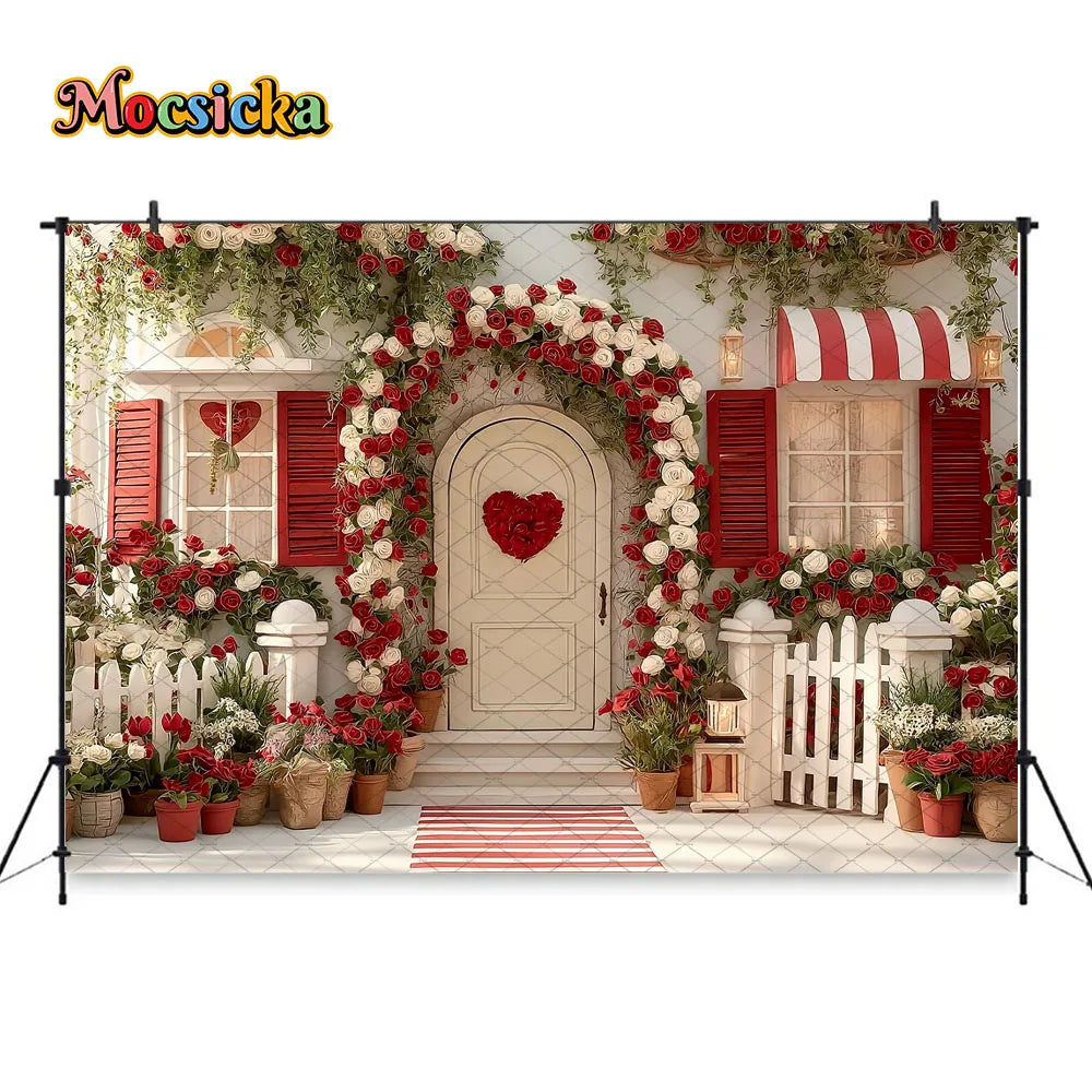Mocsicka Valentines Day Flower Shop Backdrop Photography Red White Striped Floral Garden Background Kid Photo Shoot Studio Decor