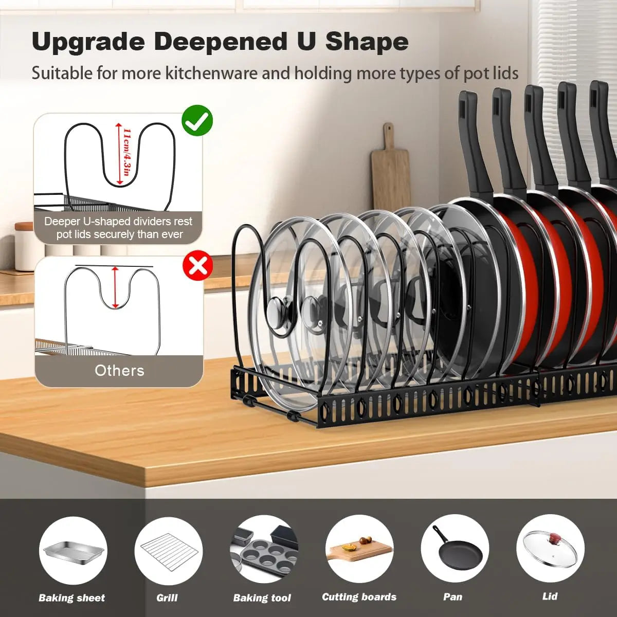 Pot and Pan Organiser Rack for Cabinet Expandable Pot Lid Organizer Holder with 10 Adjustable Dividers