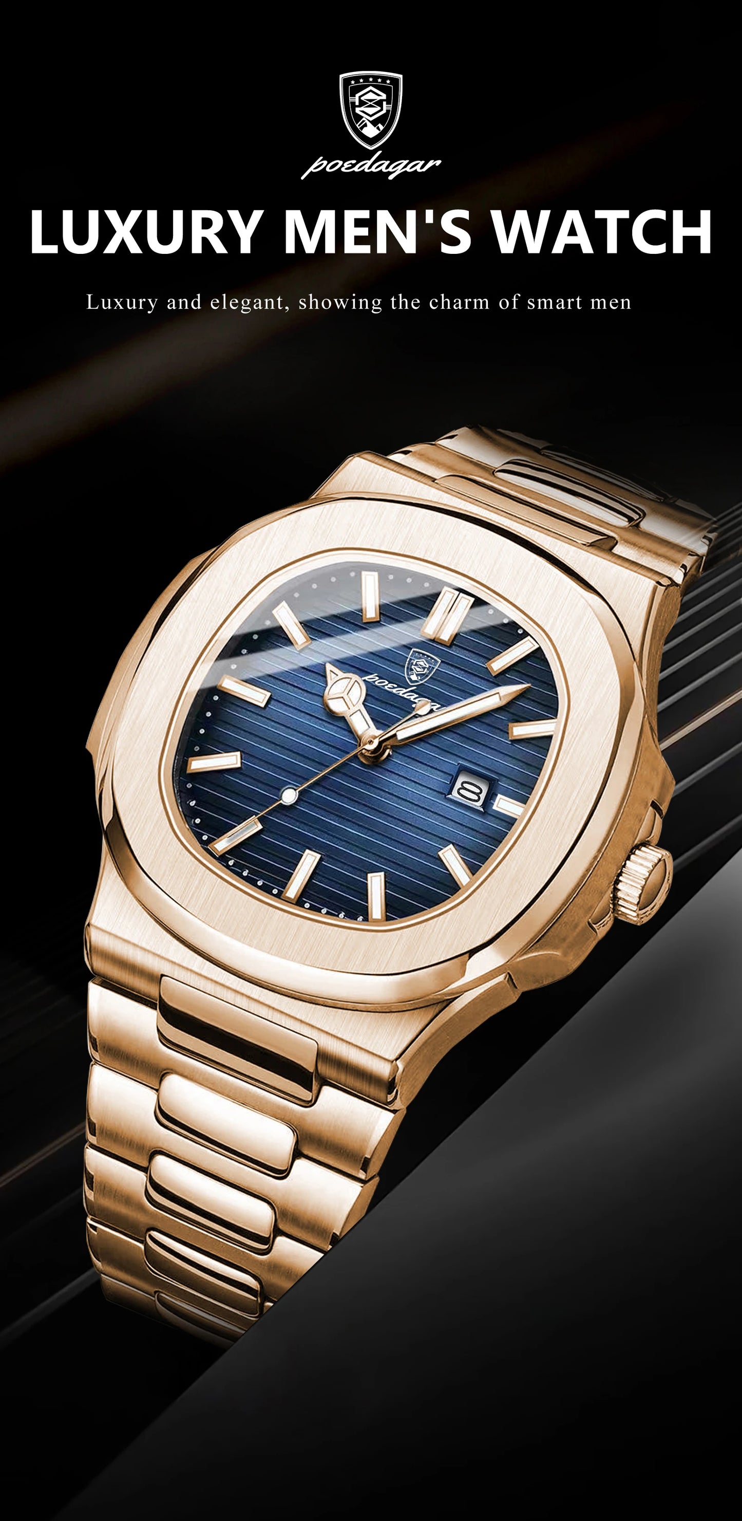 POEDAGAR Top Classic Men Wristwatch Waterproof Luminous Date Square Watch For Man Stainless Steel Sport Men's Quartz Watches+Box
